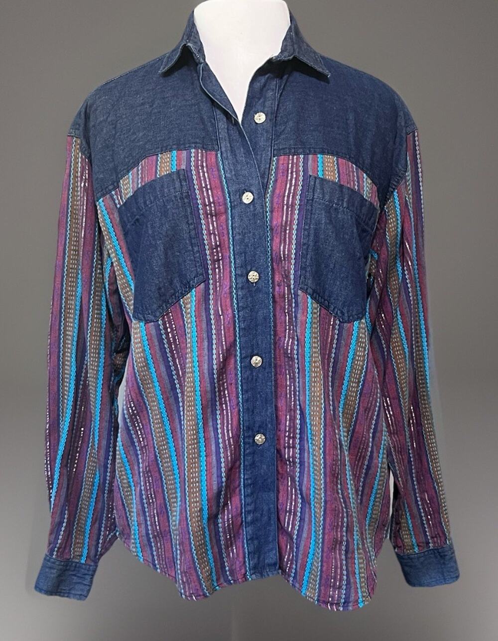 Huntington Ridge 100% Cotton Vintage 90s Western Striped Denim Shirt Womens M